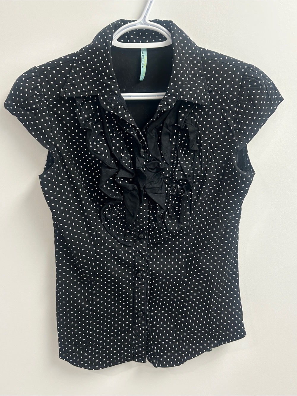 Black Polka Dot Ruffle Cap-Sleeve Blouse